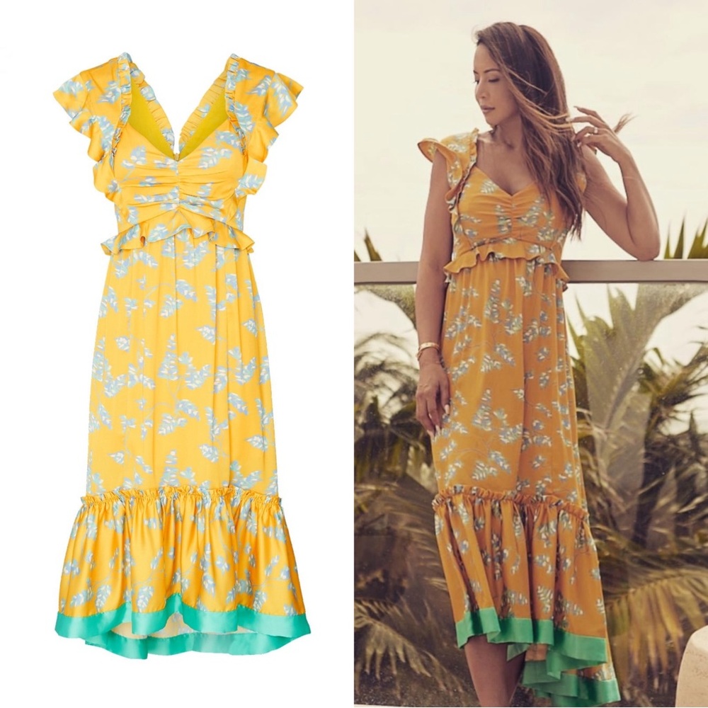 Three Floor Lemonana V-Neck Floral Ruffle Midi Dress Size 6 Yellow Aqua
